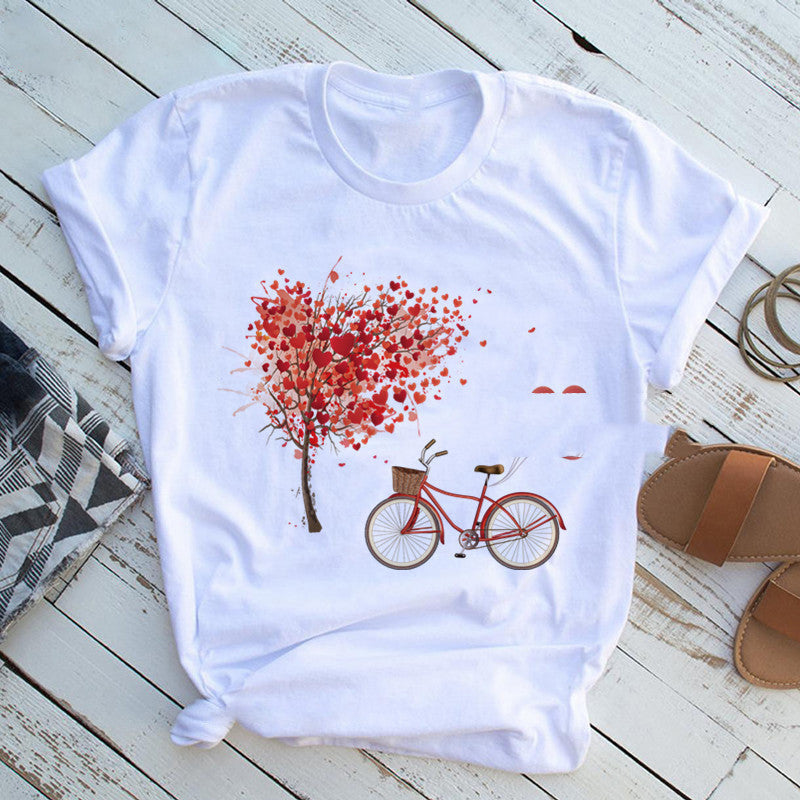 Bicycle Flower Heart T-Shirt New Bicycle Flower Heart Balloon Print Ladies T-shirt